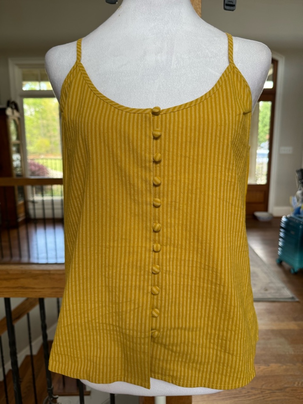 Mustard Yellow Striped Button-Front Spaghetti Strap Tank cotton viscose